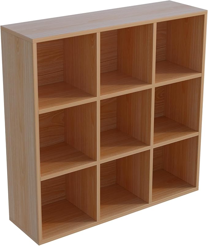OSCHF 9-Cube Storage Shelf Bookcase, Oak | Wooden 3-Tier Open Bookshelf, Fits 11×11" Bins, Vertical or Horizontal Use, Full Back Panels, For Home Office