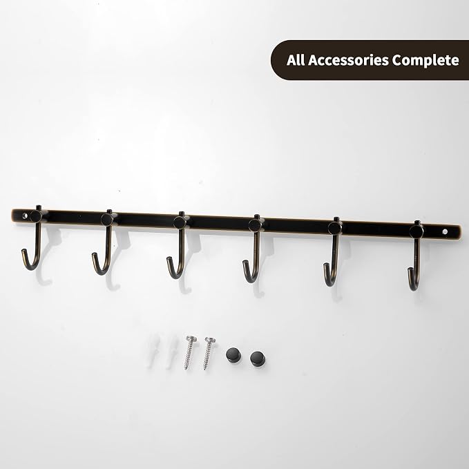 WINCASE Bronze Towel Hooks, Bathroom Rail Hook Rack Wall Mounted, Antique Oil Rubbed Brass Cloth Coat Rack with 6 Hooks Farmhouse