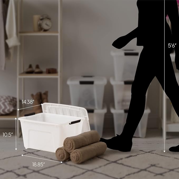 IRIS USA 6-Pack 32 Quart Storage Bins with Lids, Pearl | Conceals contents for a clean look. Great for linens, décor, closet storage, and supplies. Nestable design saves space