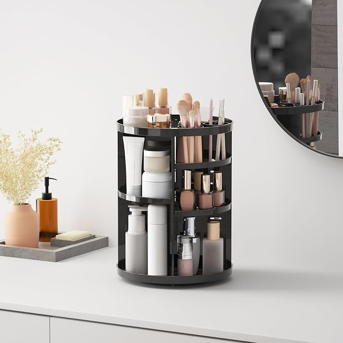 Rotating Makeup Organizer, DIY 8 Adjustable Layers Spinning Skincare Storage, Cosmetic Display Case with Brush Holder and Perfume Tray, Multi-Function Vanity Bathroom Countertop Organizer Black