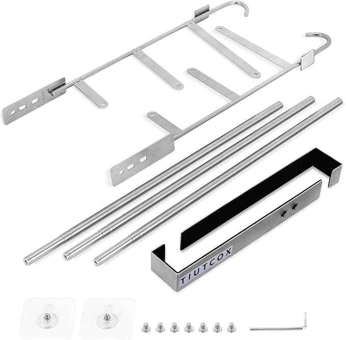Over The Door Towel Rack, 304 Stainless Steel Towel Racks for Bathroom with 3-Tier Adjustable Pole, 2 Punch-Free Screw Stickers, 22.83 * 17.71-29.52 * 6.14 Inch, Silver