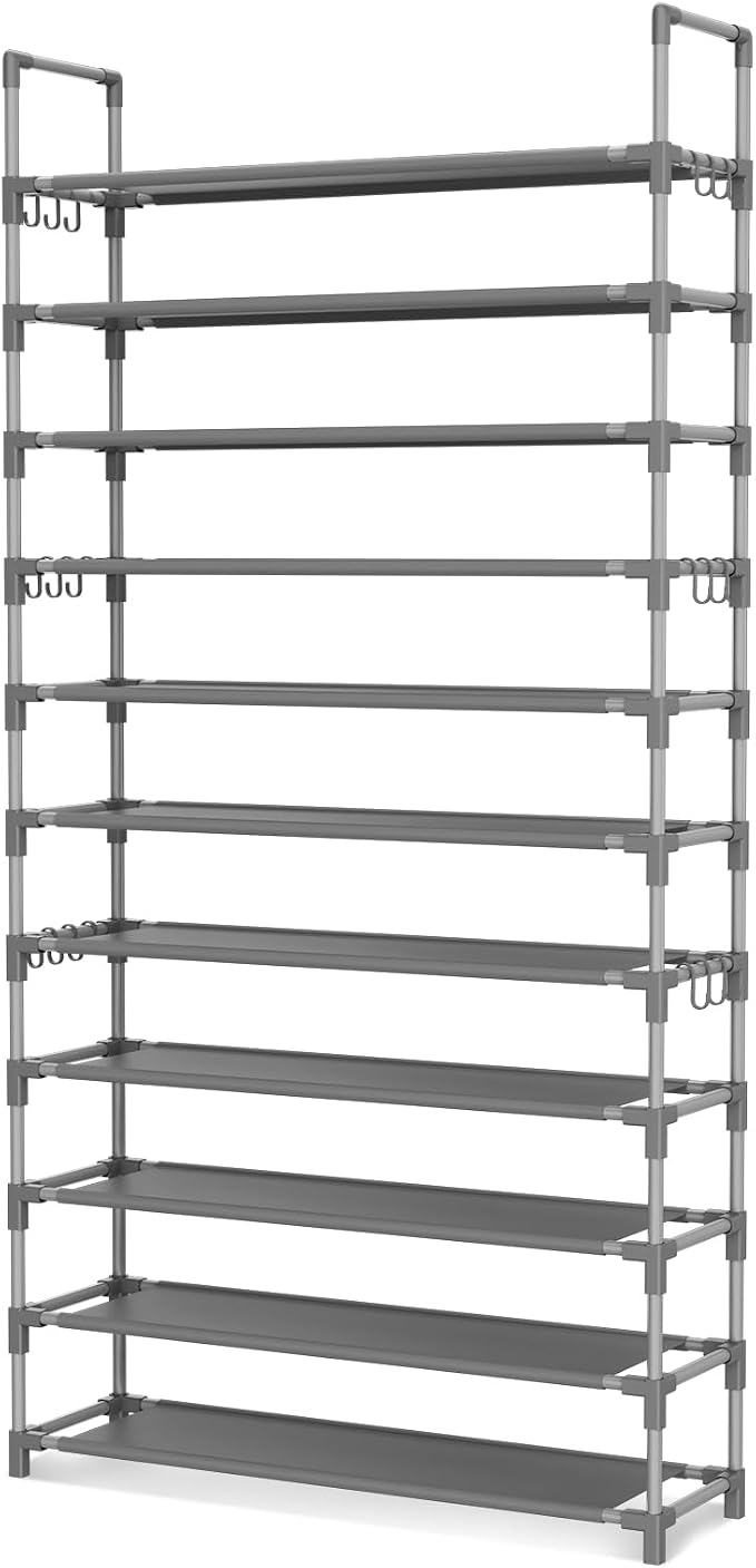 LANTEFUL 11 Tiers Tall Shoe Rack Holds 55 Pairs of Shoes with 18pcs Hooks Sturdy Wide Shoe Organizer Storage Free Standing Metal Shoe Shelf for Closet, Entryway Grey