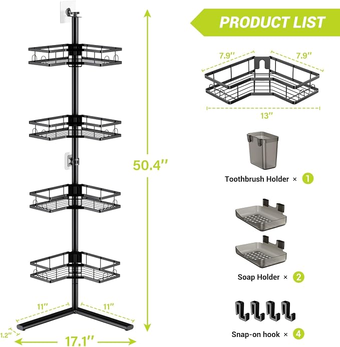Standing Corner Shower Caddy - 4-Tier Rustproof Adjustable Shower Shelves | Floor Standing Shower Organizer Rack, No Drill Corner Shower Shelf for Bathroom, Apartments and Renters