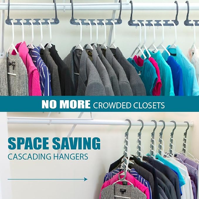 Wonder Hanger Max 20-Pack Space-Saving Hangers, 360° Hooks, Grey | Maximize closet space with 20 assembled cascading hangers and reinforced 360° swivel hooks—ideal for dorms and storage.