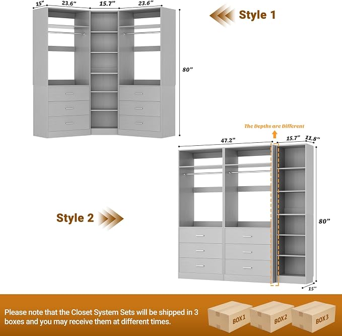 Besiost Closet System with 6 Drawers & 10 Shelves, Corner Closet Organizer System, Reversible Walk-in Closets, (L-Shaped 31.5" L * 31.5" W / I-Shaped 62.9" L * 15" W), Load 1500+LBS, Grey