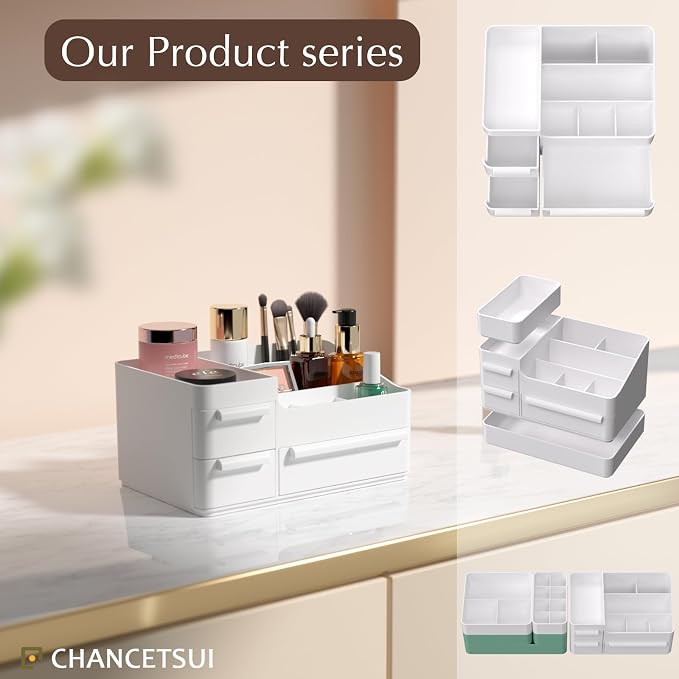 Makeup Organizer Countertop for Vanity: Dresser Bathroom Cosmetic Storage | Minimalistic Small White Aesthetic Desk Storage with Drawers for Counter
