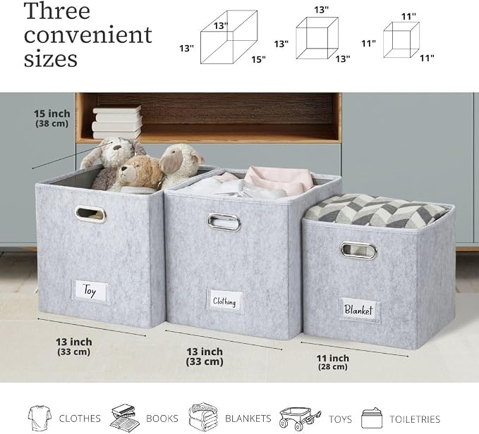 DECOMOMO Felt Storage Bins, 11 inch Cube Storage Bin with Labels | 6 Pack Storage Baskets for Shelves, Kallax (Light Grey)