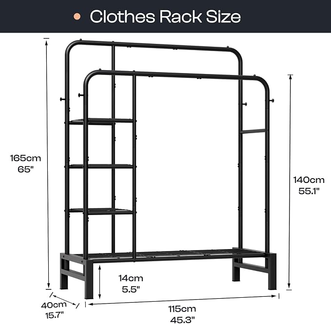 Clothes Rack for Hanging Clothes, Clothing Rack with shelves, Black | Double Clothing Rack with 3 Tier Storage Shelves, Multifunctional Heavy Duty Garment Rack for Bedroom Laundry Wardrobe Closet