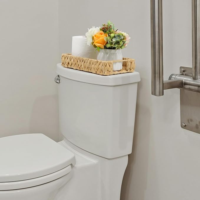 Water Hyacinth Bathroom Vanity Tray with Handle, 11 Inch | Toilet Tank Basket, Bathroom Counter Organizer, Small Wicker Tray, Toiletry Storage, Woven Decor