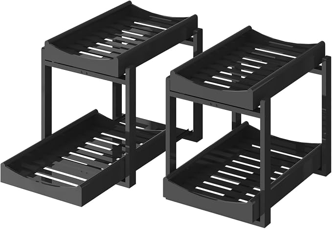MHXW SXPN Bamboo Under Sink Organizer, 2 Pack Pull Out Cabinet Organizer | 2 Tier Vertical Smooth Slide Out Undersink Storage Shelf | Multi-Purpose Organizer Shelves for Kitchen Bathroom Medicine