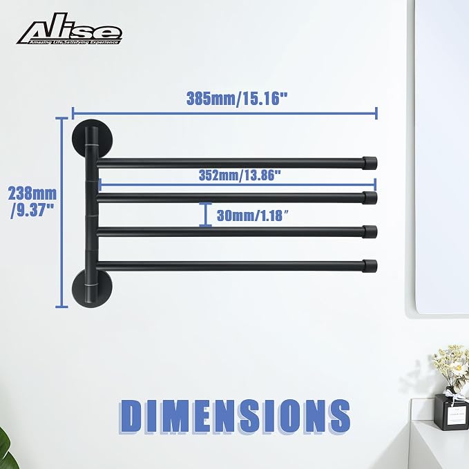 Alise Swivel Towel Rack,Folding 4 Arms Hand Towel Bars Towel Hanger for Bathroom,Wall Mount Drying Racks for Laundry,SUS304 Stainless Steel Swing Out Towel Holder Storage Space Saving,Matte Black | Space Saving Swing Arm Towel Rack for Bathroom Kitchen...