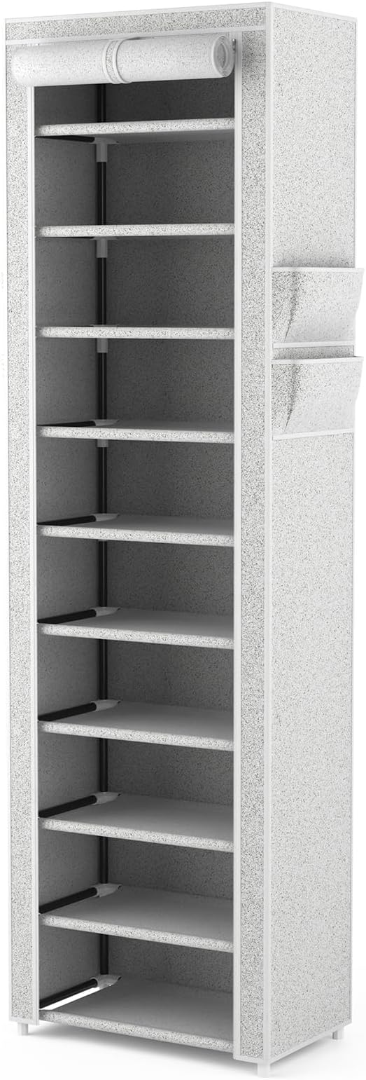 VTRIN Vertical Narrow Shoe Rack Organizer Tall Shoe Rack for Closet Entryway 10 Tier Non-Woven Cover Shoe Shelf Holds 20-22 Pairs Free Standing Shoe Storage Cabinet with Dustproof Cover, Multi Color