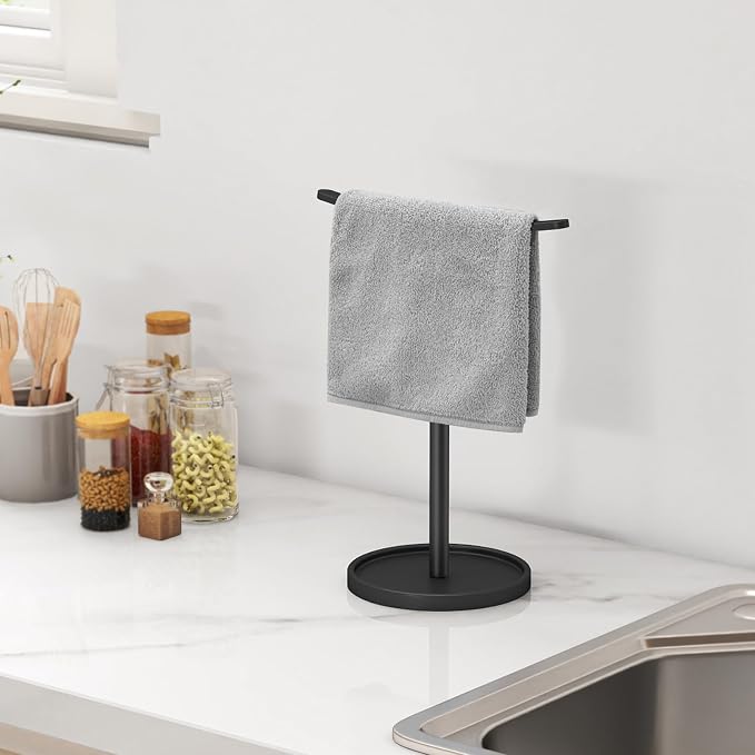 STWWO Hand Towel Holder, Stainless Steel Towel Holder Stand for Bathroom, Kitchen Countertop, T-Shaped Hand Towel Rack Stand, Black