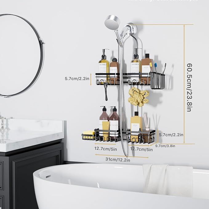 KEGII Shower Caddy Hanging for Handheld Showerheads, Rustproof Hanging Shower Organizer with Soap Dish, Toothbrush Holder and Hooks, Over Showerhead Caddy for Bathroom