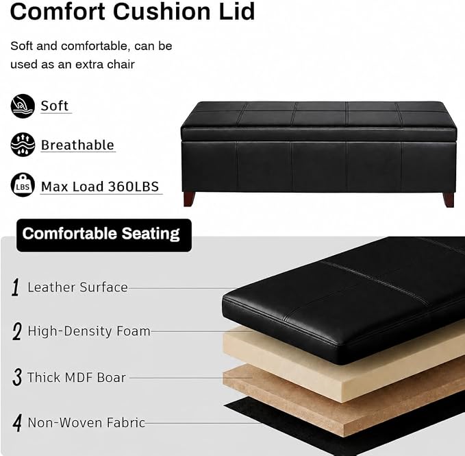 51" Black Faux Leather Storage Ottoman Bench | Foot Rest with Hinged Lid, Long Rectangle Bed Bench for Living Room, Bedroom, Entryway