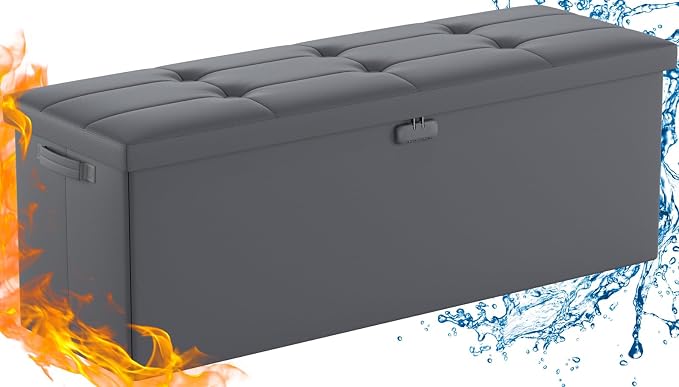 DocSafe Storage Ottoman Bench, Fireproof&Waterproof Folding Bench with Lock(15”x 43”x15”), Leather Storage Chest with Handles&2 Extra Boxes, Ottoman Safe for Bedroom,Living Room,Home Office, Gray