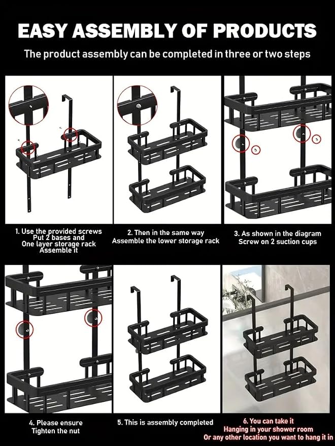Over Door Shower Caddy, Black Rustproof Bathroom Organizer, 2-Tier Storage Rack, 11.81x5.31 Inch Shelves, No Drilling Required
