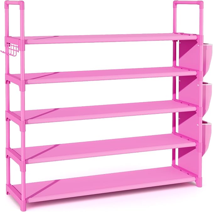 VILICK Shoe Rack for Closet Shoe Organizer Space Saver Storage for 20-25 Pair Shoe Shelf with Hook and Side Pocket Free Standing 5 Tier Shoe Rack Organizer for Entryway,Small Spaces, Pink