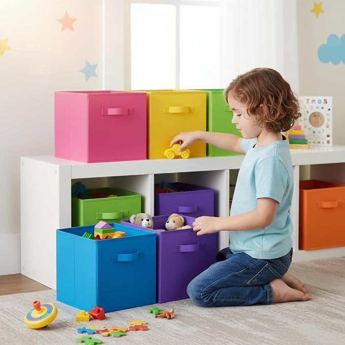 GRANNY SAYS 11 Inch Cube Storage Bins, Colorful Cube Storage Organizer, Fabric Storage Bins, Storage Cubes for Shelves, Closet, Toy Storage Bins for Kids Room, Play Room, Rainbow, 6-Pack
