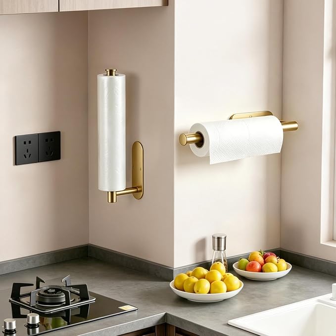 Paper Towel Holder, 2-Pack US304 Stainless Steel Wall Mount Rack, Self-Adhesive No Drilling, Rustproof Space Saving Under Cabinet Mount, Organizer for Kitchen, Bathroom, RV, Pantry (Gold)