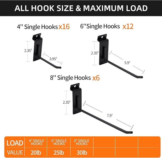 Slatwall Accessories Heavy Duty Garage Hooks Slatwall Panel Hooks Slat Wall Hanging Hook for Bike Ladder Garage Storage System Accessory Multi Size Utility (34 Single Hook)