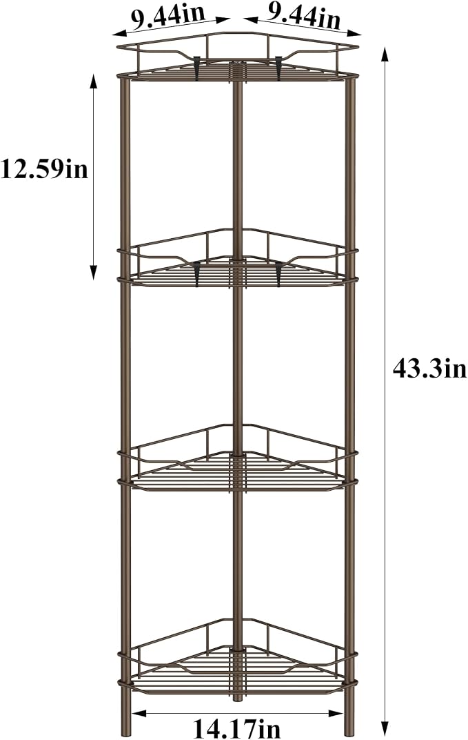 HuggieGems 4 Tier Floor Standing Corner Shower Caddy Organizer Shelf with Hooks, Bathroom Shelves Stand Rack, Bronze