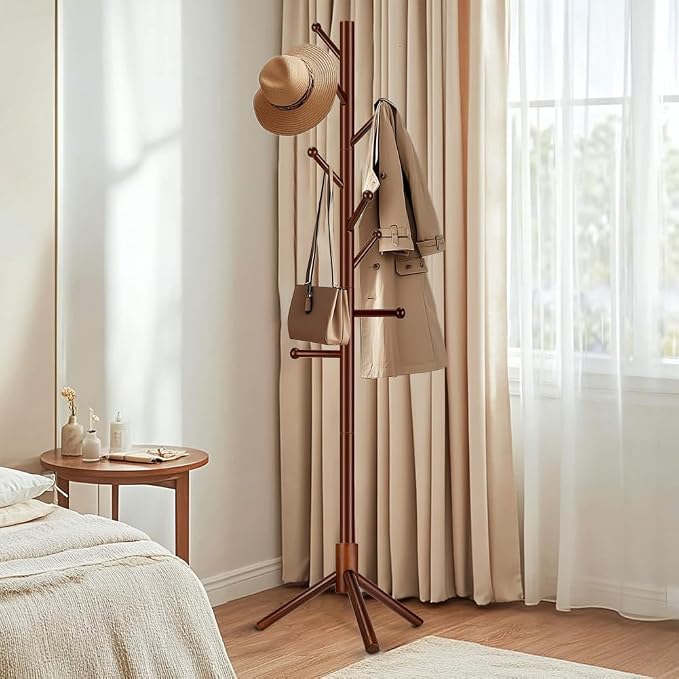 Wooden Coat Rack Freestanding, Adjustable Height Solid Wood Clothes Stand with 8 Ball-End Hooks, Stable Tripod Base, 5.7FT Floor Coat Tree for Entryway Bedroom Office, Brown