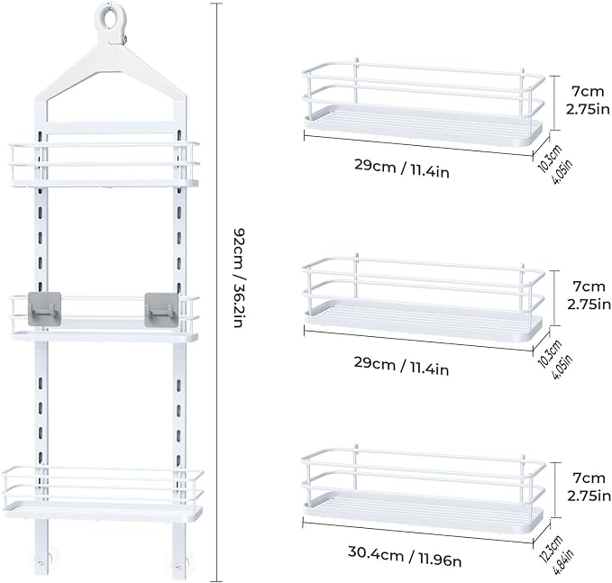 ODesign 3 Tier Adjustable Shower Caddy Hanging Over Head Anti-Swing White | Shower organizer hanging,no drilling required,comes with removable hook and storage box, suitable for indoor showers