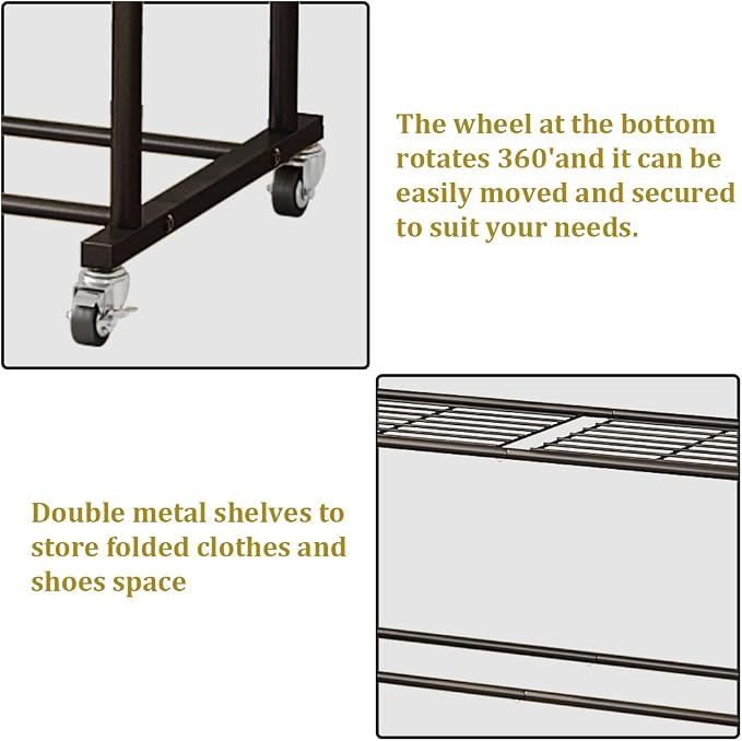 SUOERNUO Clothes Rack with Lockable Wheels Double Rods Metal Garment Racks | Portable Heavy-Duty Clothing Rack, Rolling Clothes Shelves for Bedroom Laundry Living Room, Black