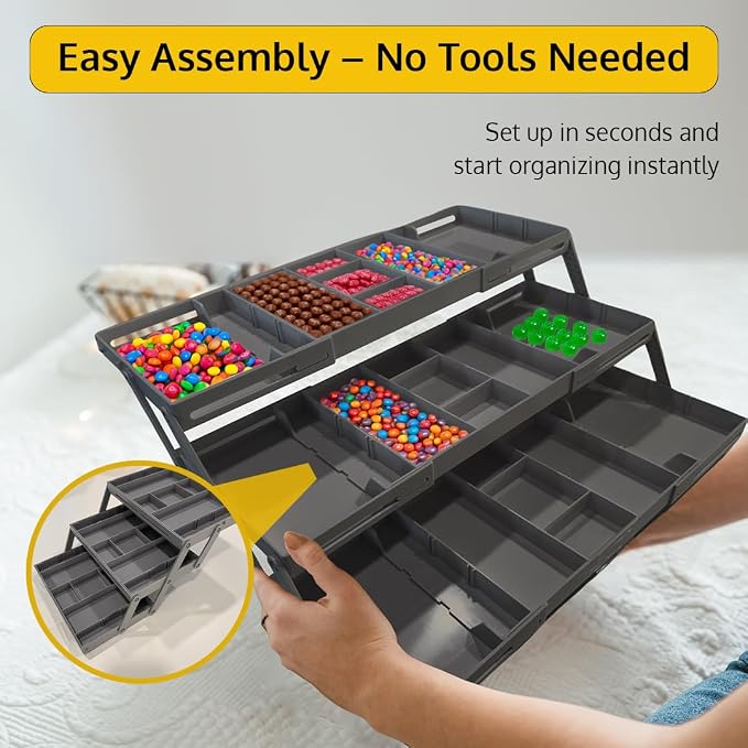 3 Tier Drawer Organizer, Multi Level Smart Drawer Organizer for Desk, Expandable Organizer for Office, Makeup, Jewelry, Kitchen, Folding Storage for Home and Office Drawers & Craft Organizer - Gray