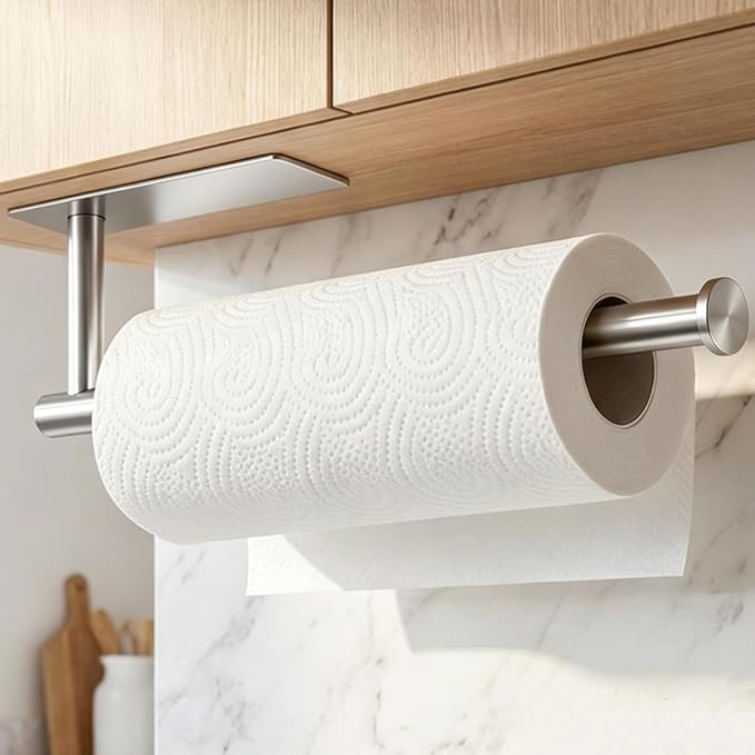 theaoo Under Cabinet Paper Towel Holder for Kitchen, Wall Mount, Silver | Adhesive Paper Towel Roll Rack for Bathroom or Kitchen, SUS304 Stainless Steel, Self-Adhesive or Screw Installation