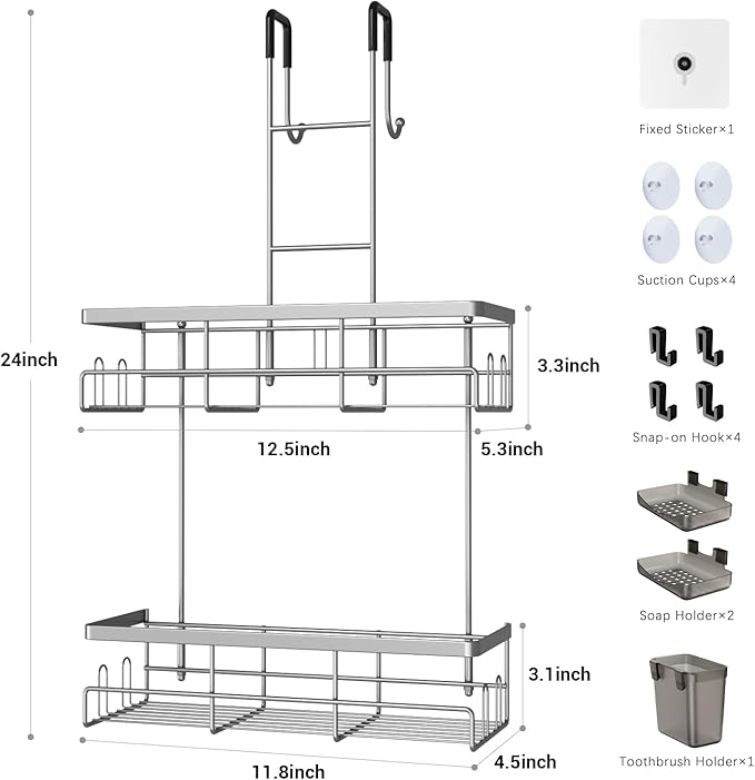 Aitatty Hanging Shower Caddy Over Door: Silver Rustproof Shower Organizer over the Door - No Drilling Bathroom Rack for Inside Shower