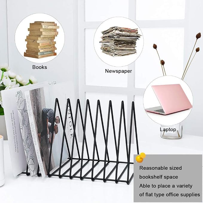 Urban Deco Triangle Desk Organizer - Metal Wire Magazine Holder, 10 Sections, Decorative File Folder Organizer, Vinyl Record Storage, Office File Holder - Black