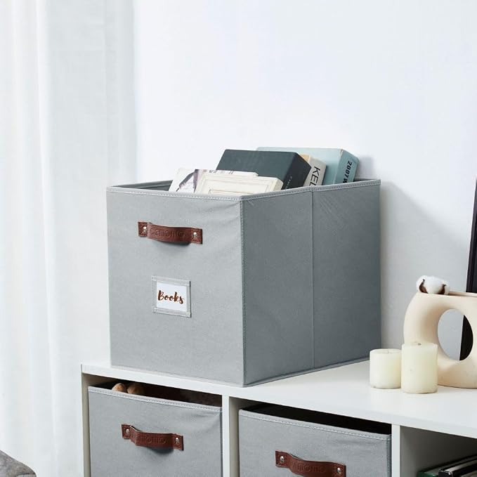 DECOMOMO Storage Bins, Storage Baskets for Shelves | 13" x 15" x 13" Storage Cube Bins with Labels for Organizing Shelves (Kallax, 4pcs, Grey)
