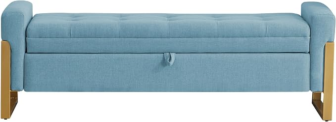 adochr 57" Storage Ottoman Bench, Upholstered End of Bed Bench, Light Blue | Metal Legs & Button-Tufted, Linen Ottoman with Storage 500 lb Capacity for Living Room, Bedroom, Entryway