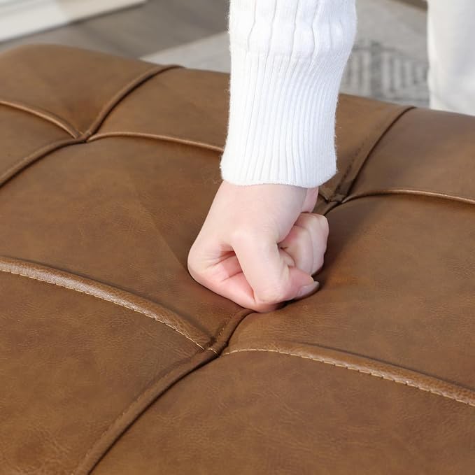 Joveco Storage Ottoman Bench, 32 Inches Faux Leather Rectangle Tufted Foot Stool for End Foot of Bed, Bedroom, Living Room,Warm Golden Brown