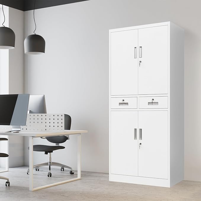 CJF Metal Storage Cabinet with Adjustable Shelves and Drawers, 71" H Locking Pantry Storage Cabinet for Office, Garage, Home, School, Utility (White)