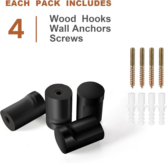 bsdonte Wood Wall Hooks, 4 Pack Black Decorative Coat Hooks Wall Mounted, Heavy Duty Entryway Hat Hooks Wall Hangers for Hanging Purse, Towels, Clothes, Backpack