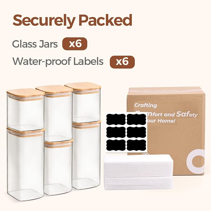 ComSaf Glass Pantry Storage Containers (0.7Qt/1.2Qt/1.6Qt) Set of 6, Square | Glass Storage Containers with Lids, Kitchen Canisters, Pantry Jar, Bamboo Lid with Silicone Seal, Flour Cereal Tea, BPA Free