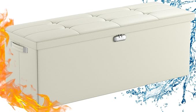 ENGPOW Storage Ottoman, Fireproof Folding Bench with Lock(15”x 43”x15”), Water-Resistant & Heat Insulation Large Storage Chest with Handles&2 Extra Spaces Safe for Living Room, Bedroom, Home, Beige
