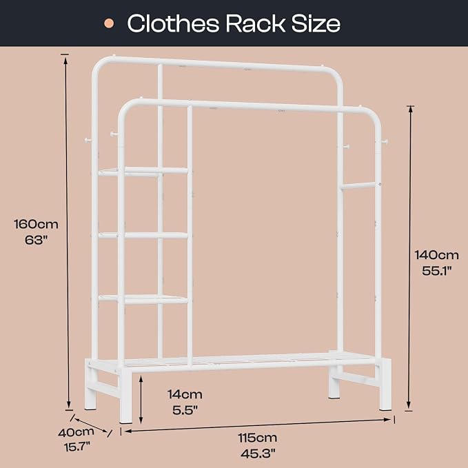 Clothes Rack for Hanging Clothes, Clothing Rack with shelves, White | Double Clothing Rack with 3 Tier Storage Shelves, Multifunctional Heavy Duty Garment Rack for Bedroom Laundry Wardrobe Closet