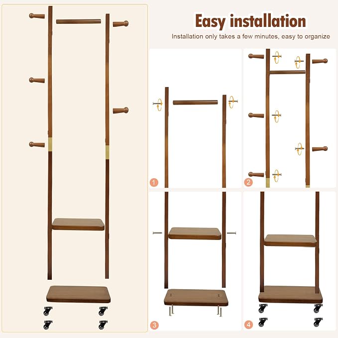 Solid Wood Coat Rack with Wheels, 2-Tier Rolling Garment Rack with 5 Hooks | clothing rack clothes stand hall tree entryway bedroom corner heavy duty