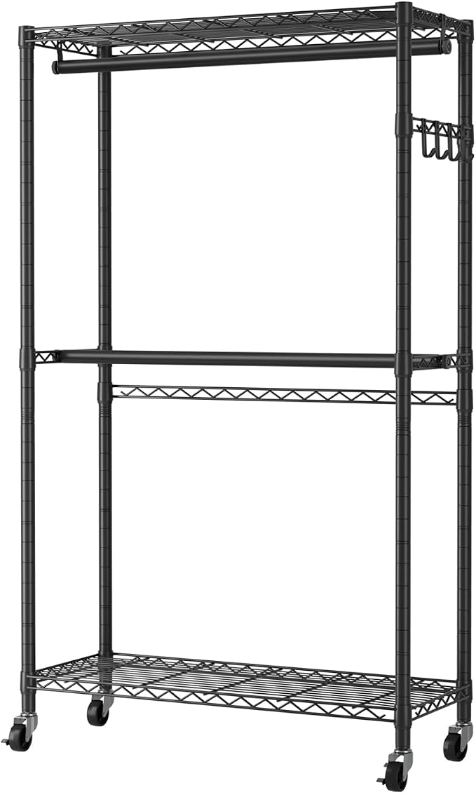 Golpart Heavy Duty Rolling Clothes Rack Wheels Portable Metal Garment Rack | Wardrobe Adjustable Wire Shelving Metal Double Clothing Racks for Hanging Clothes Organizer Closet Laundry Room Organization