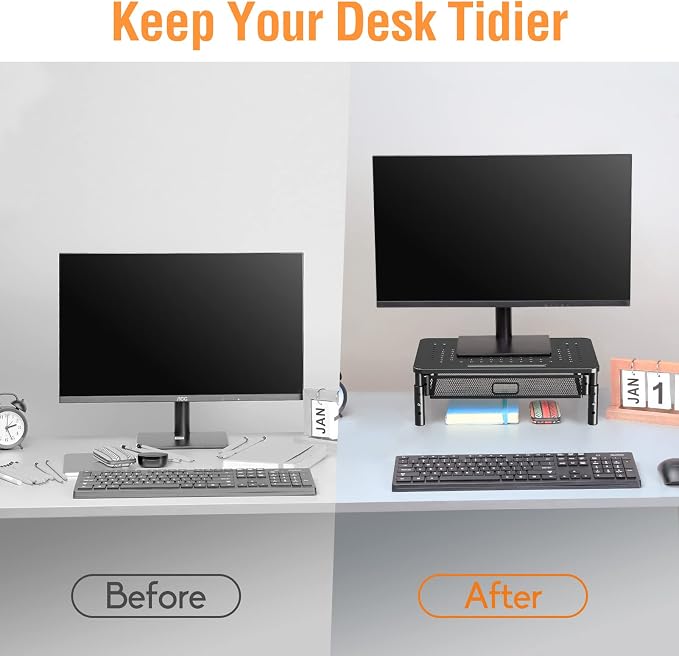 ELIVED 2 Pack Monitor Stand Riser with Metal Drawer, 3 Height Adjustable | with Larger Storage Space for Home and Office Supplies, Metal Desktop Stand for Laptop Computer Printer PC iMac