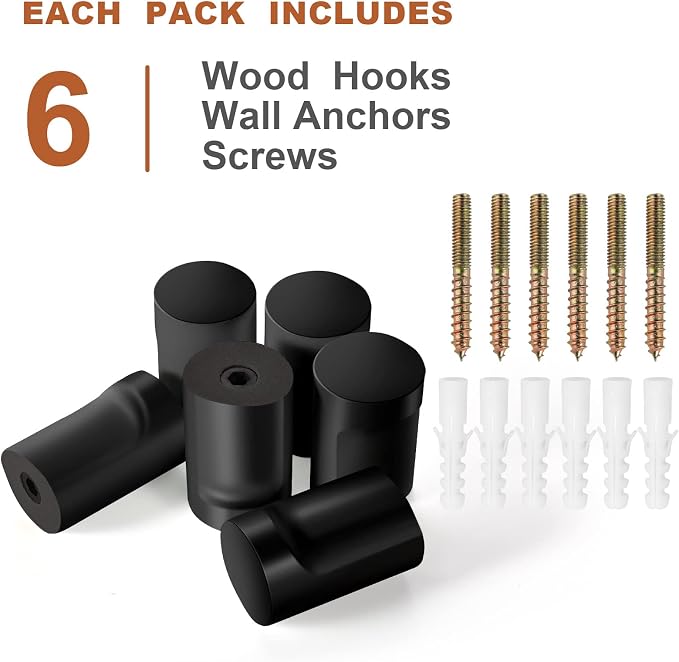 BSDONTE Wood Wall Hooks (6 Pack), Decorative Black Coat Hooks - Heavy Duty, Wall Mounted Hangers for Coats, Backpack, Towel, Cap (Black)