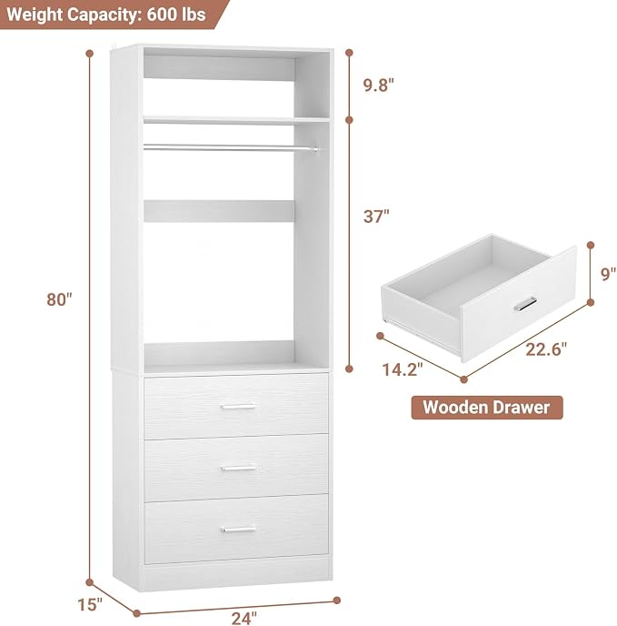 Besiost Freestanding 2FT Closet System with 3 Wood Drawers, 24" Closet Organizer System with Hanging Rod & Shelves, Walk-in Closet Systems for Small Closets, White (24"L x 15" W x 80" H)