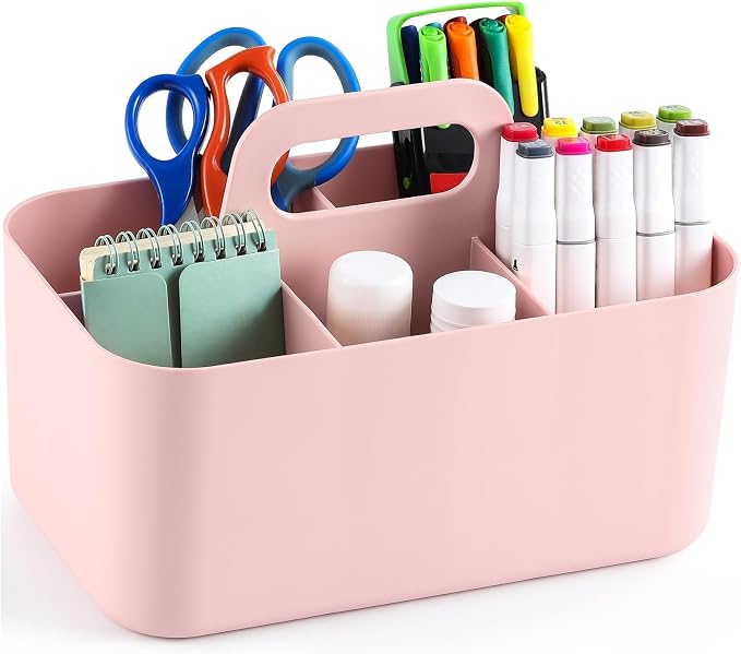 Multiuse Caddy Organizer with Handle, Portable Divided Plastic Tote Bin - Art Craft, Stationary Pen Marker Crayons, Makeup Hair Supplies Storage - Bathroom, Classroom, Dorm, Office, Desk Holder - Pink