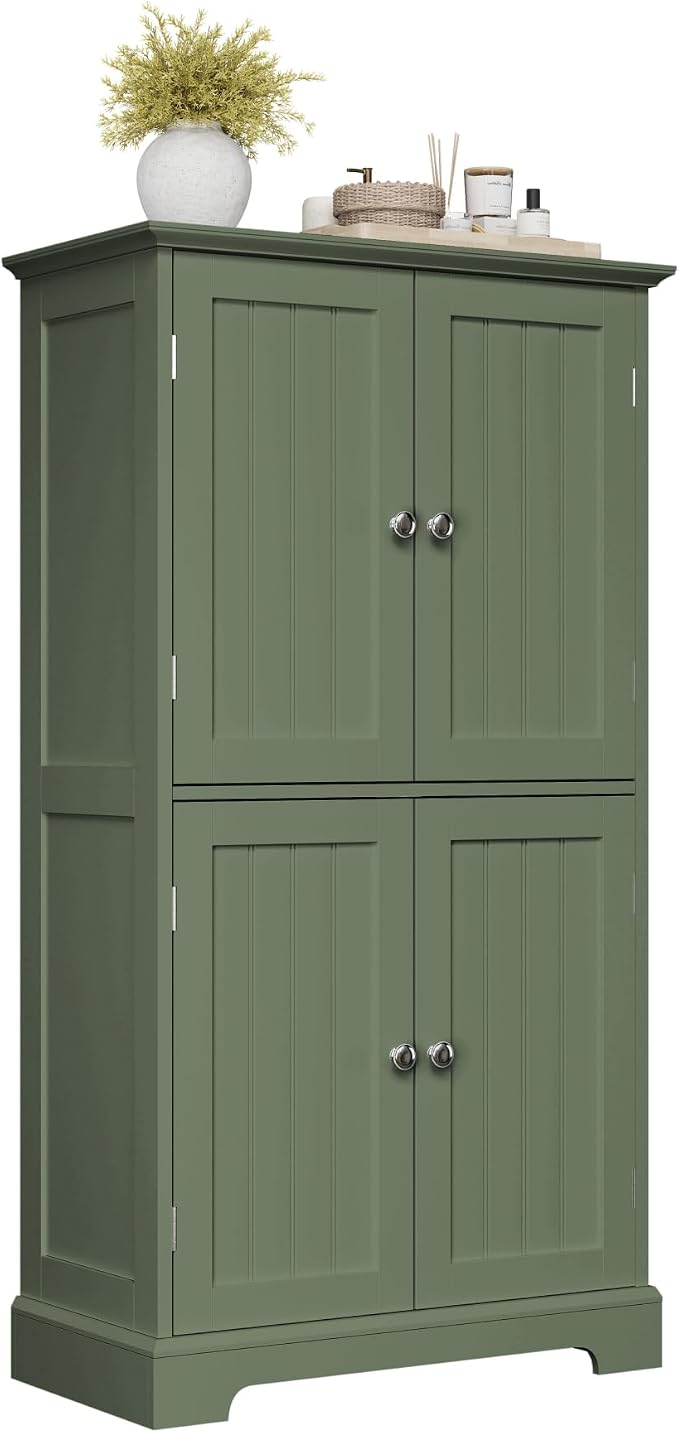 ChooChoo Bathroom Floor Cabinet with Adjustable Shelves | Bathroom Storage Cabinet, 4 Doors, Freestanding Cupboard for Living Room, Green