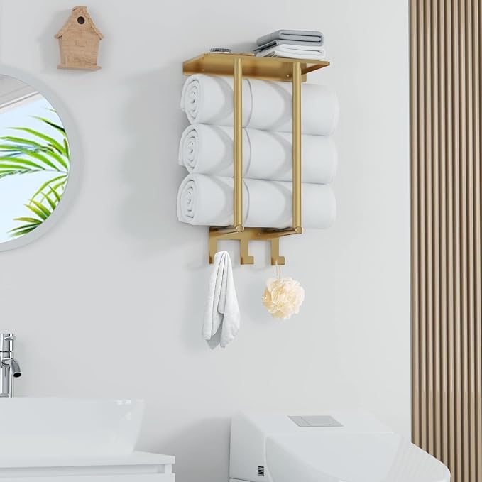 Gold Towel Rack with Shelf, Bethom Bath Towel Storage for Bathroom | Stainless Steel 3 Hooks Towel Racks for Small Bathroom Wall Mounted