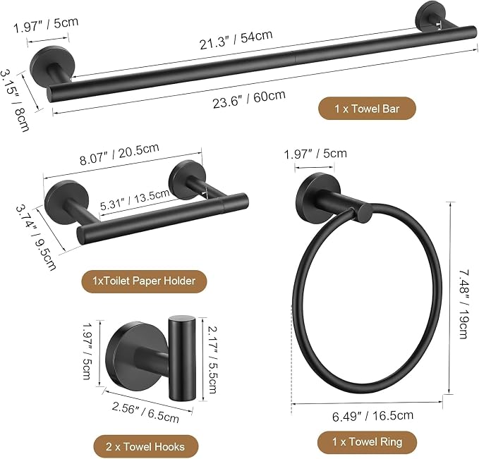 TURS Black 5 Piece Bathroom Towel Bar Set Bathroom Hardware Set, 23.6 inch Bathroom Accessories Kit Set, SUS304 Stainless Steel Wall Mounted